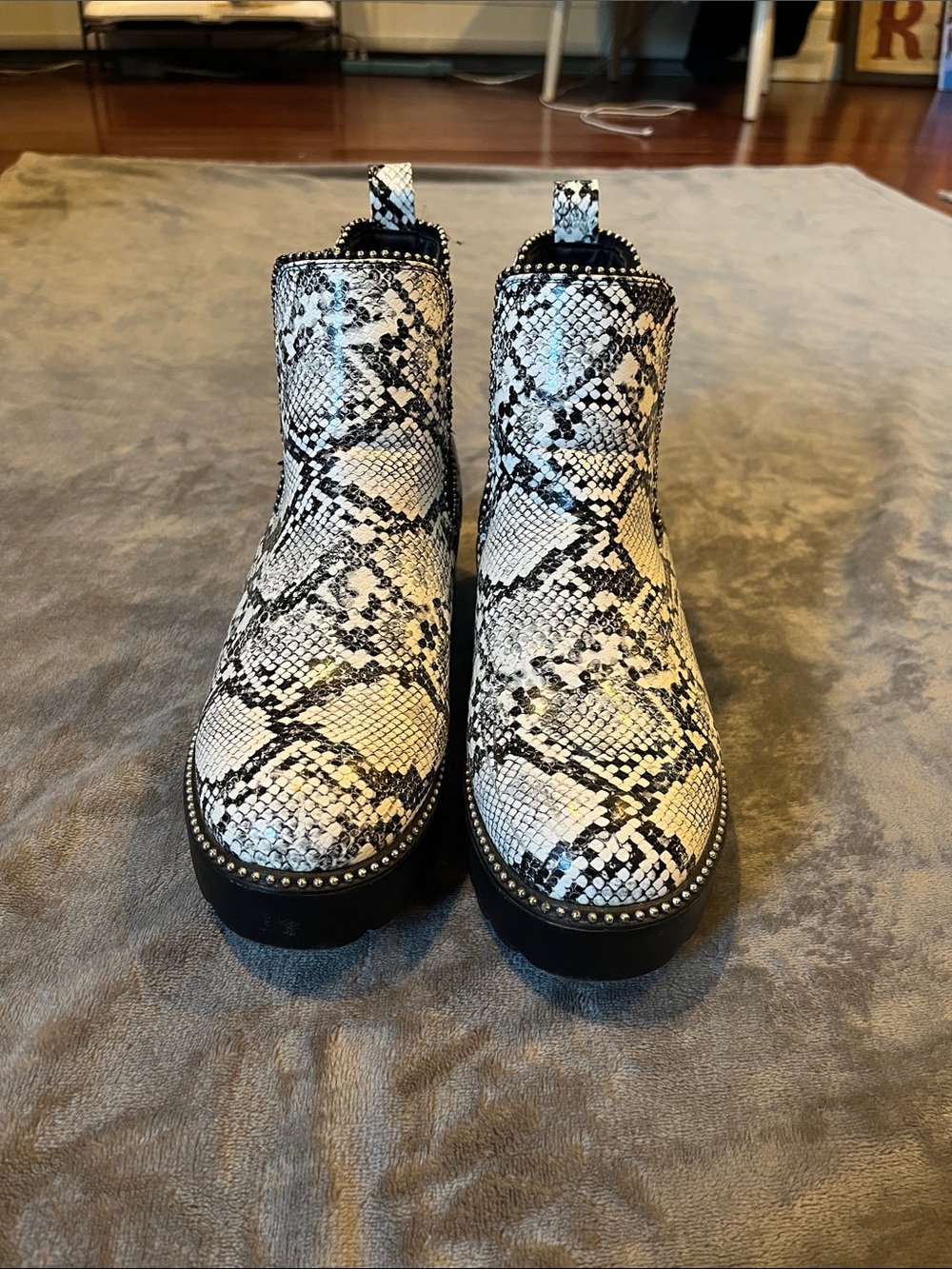 Women's Snake-Print Chelsea Booties in Black and White